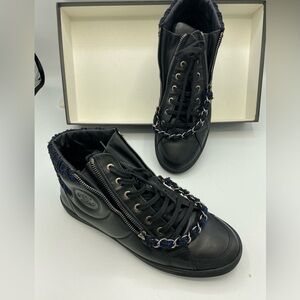 CHANEL women Black and Blue High-Top Sneakers,41
